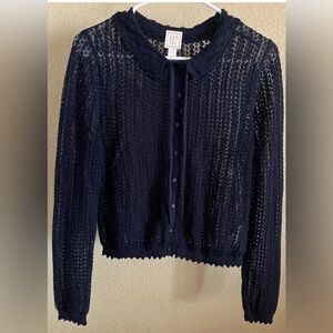 Gap Doen Navy Crochet Bow Cottage Prairie Linen Blend Sweater NWOT